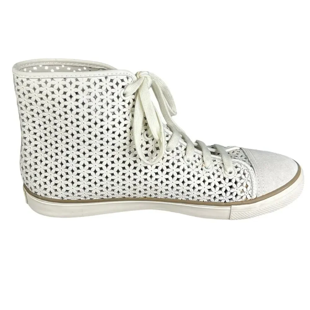 Tory Burch Women’s White Leather Perforated High Top Sneaker Size US 11